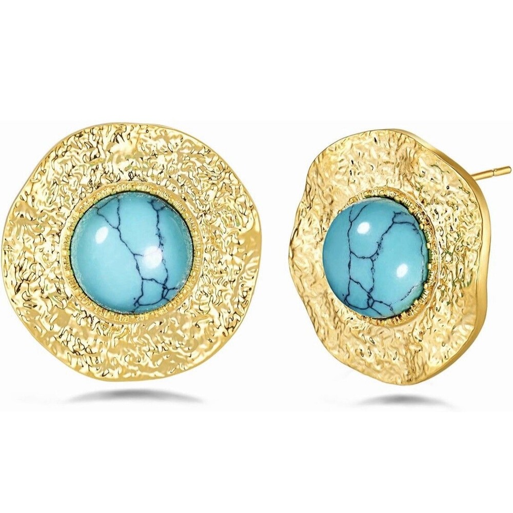 Turquoise Earrings Hammered Metal 18k Gold Plate Lightweight Hypoallergenic